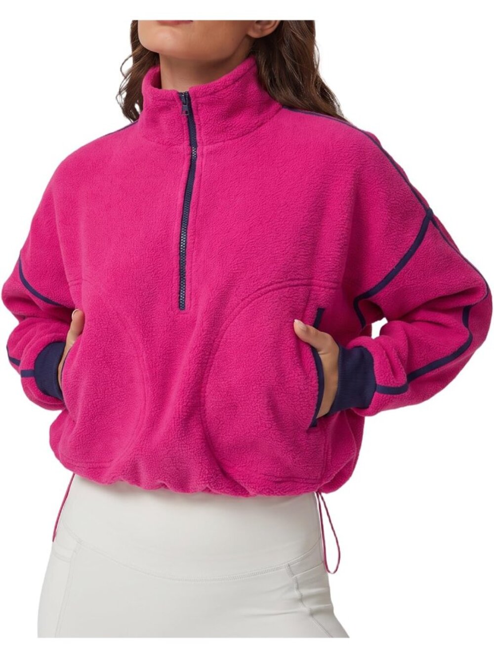 Women’s Hot Pink Long Sleeve Half ZIP Pullover Cropped Sweatshirt Fleece Jacket